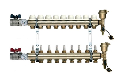 Коллекторная группа Tiemme 9 отводов 1" с расходомерами, латунь 3870009 / 3871G060509