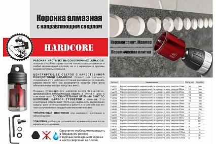 Коронка алмазная по керамограниту и мрамору с направляющим сверлом 125 мм Hardcore 154125