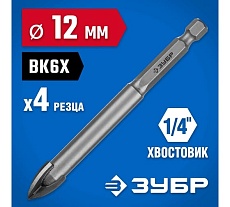 Сверло по стеклу и кафелю Зубр Профессионал 4-х резцовый, 12 мм, шестигранный хвостовик 29845-12_z01