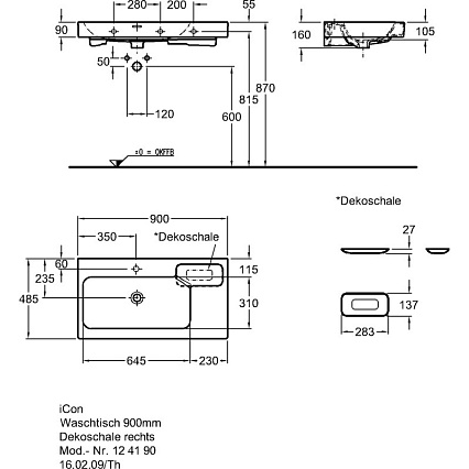 Раковина Geberit iCon 90 см полочка справа 124190000