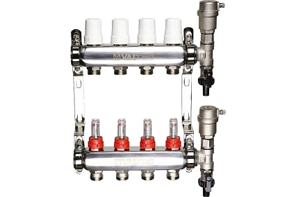 Коллекторная группа Valtec 1x6 выходов евроконус 3/4" нержавеющая сталь со встроенными расходомерами в сборе VTc.589.EMNX.0606
