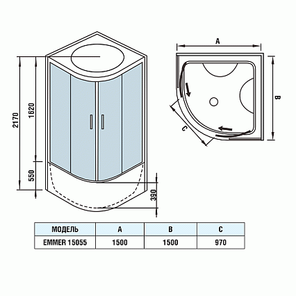 Душевая кабина WeltWasser Emmer 15055 150x150 хром, прозрачное 10000003291