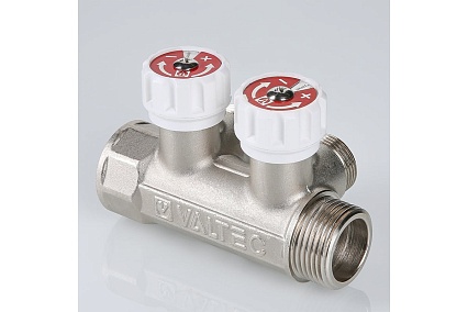 Коллектор с регулировочными вентилями Valtec 1"х2 выхода, евроконус 3/4" (на подающий трубопровод) VTc.570.NE.0602