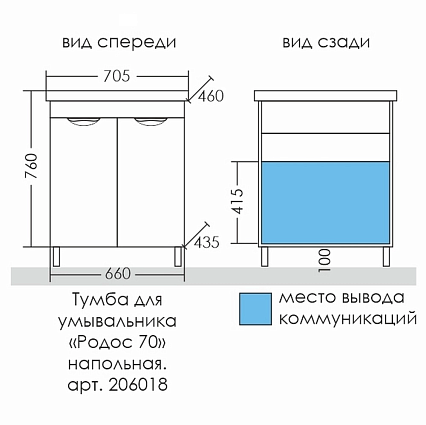 Тумба с раковиной Санта Родос 70 см напольная (рак. Фостер 70)