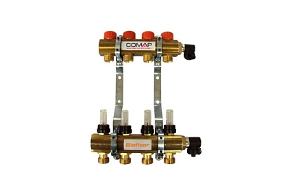 Латунный коллектор COMAP 1" с расходомерами, петли 3/4" НР Евроконус с балансировочными вентелями 12 петли C311022001