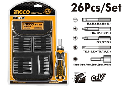 Отвертка с битами Ingco INDUSTRIAL трещоточная, 26шт HKSDB0268