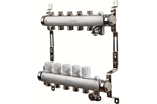 Коллектор для теплого пола Sanext нержавеющая сталь, с запорн., в/о и дренаж., ДУ25, ВР1"х 5 конт. НР 3/4" 8595