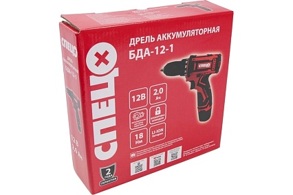 Аккумуляторная дрель Спец БДА-12-1, 12 В,1 аккум. х 2 Ач, Ли-Ион, 0-750 об/мин, 18 Нм, реверс, регулировка крут. момента, подсветка, зарядка 3-5 час, цв.коробка СПЕЦ-4104