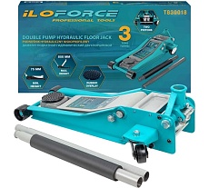 Домкрат подкатной гидравлический iLOFORCE низкопрофильный двухпоршневой с резиновой накладкой 3т (h min 75мм, h max 505мм) IF-T830018(59717)
