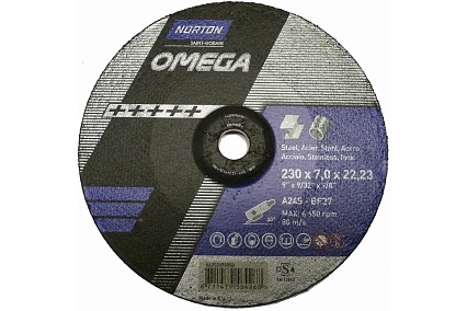 Круг зачистной по металлу и нержавеющей стали N-Omega (230x7x22.23 мм; A24S) NORTON 66253370050
