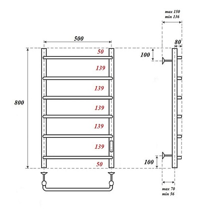 Полотенцесушитель электрический Point PN08858 П6 50x80 диммер справа, хром