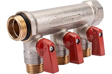 Коллектор с шаровыми кранами STOUT Smb 6210 341203 3/4&quot;, 3 отвода 1/2&quot;, красные ручки RG0091AACQM2BK