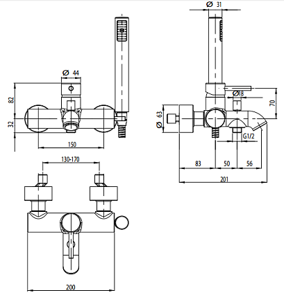 Смеситель для ванны M&Z MZ-Expo, MZE00500 с душем, хром