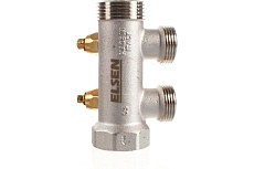 Модульный коллектор ELSEN 1", 2 контура, размер отвода-3/4" ЕК, с вентилями, латунь EMW02.02