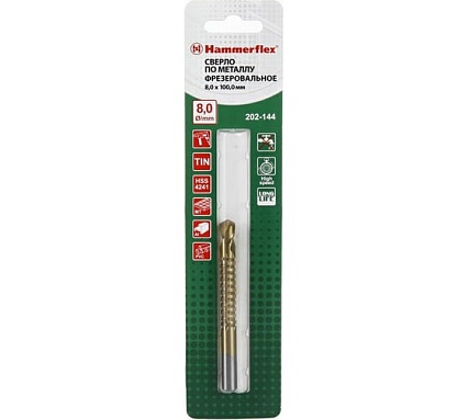 Сверло фрезеровальное по металлу Flex 202-144 DR MT (8х100 мм; HSS-4241 TIN) Hammer 62434