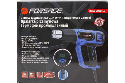 Промышленный электрический фен Forsage с дисплеем и насадками 220в, 50/60гц, 2000вт, 60-600с, 300-500л/мин, класс защиты-двойная изоляция F-HG60-2000LCD(52346)