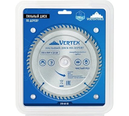 Диск пильный по дереву (210х32-30 мм; 60 зубов) Vertextools 210-60-32