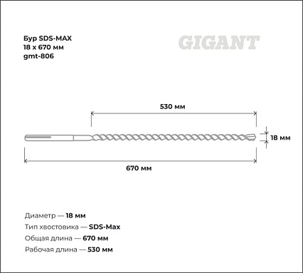 Бур SDS-MAX 18x670 мм Gigant gmt-806