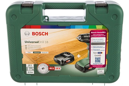 Аккумуляторная дрель-шуруповерт Bosch UniversalDrill 18 + 2 аккумулятора 0.603.9C8.005