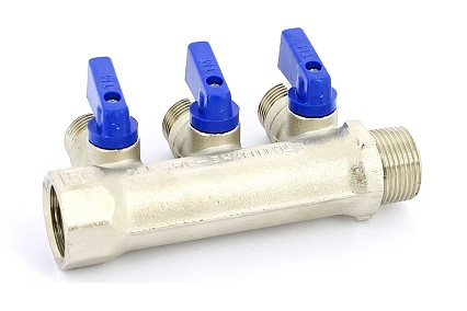 Коллектор Tiemme 3 отвода, с шар. клапанами 1х1/2"(16) (никель) 1820007 / 1833N160403