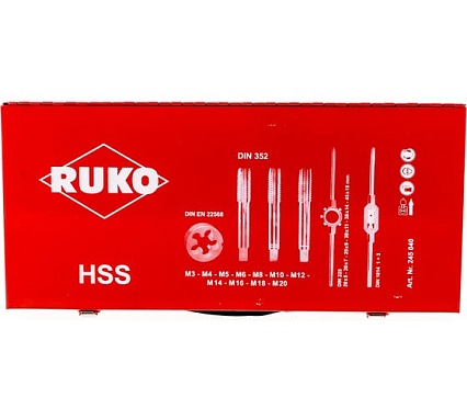 Резьбонарезной набор M3-M20 HSS метчики+плашки+воротки, 54шт RUKO 245040