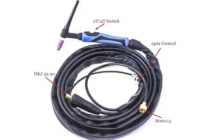 Горелка TIG WP 26 FX (4 м, M16x1.5, 2 pin, 35-50, воздушное охлаждение, AC160А/DC250A, 0.5-3.2 мм) Энаргит WP26FX-4-M16-2P-3550