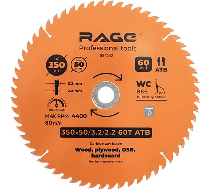 Диск пильный универсальный 350 мм (14”), Z60, посадка 50+30 мм RAGE By VIRA 594242