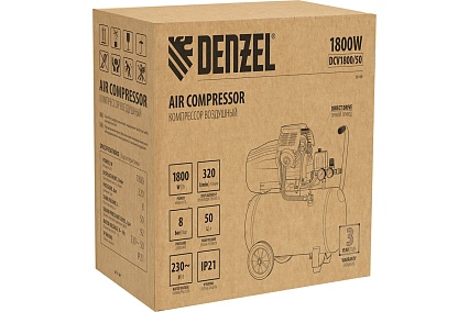 Воздушный компрессор Denzel прямой привод, dcv1800/50, 1,8 квт, 50 литров, 320 л/мин 58168