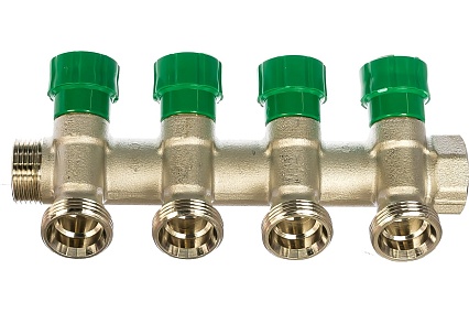 Модульный коллектор ELSEN 3/4", 4 контура, размер отвода-3/4" ЕК, с вентилями, латунь EMW01.04