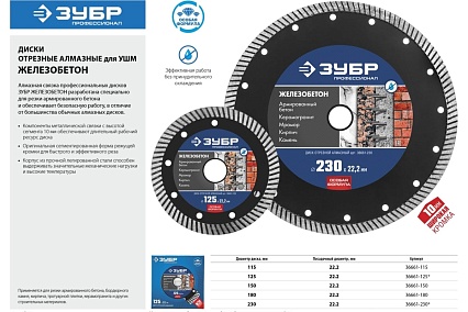 Диск отрезной алмазный Зубр Профессионал Железобетон 125 мм 36661-125