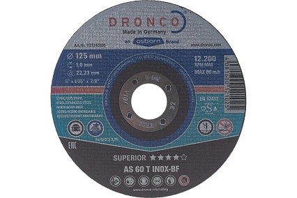 Диск отрезной по нержавейке Superior AS60T INOX (125x1x22.23 мм) DRONCO 1121240100