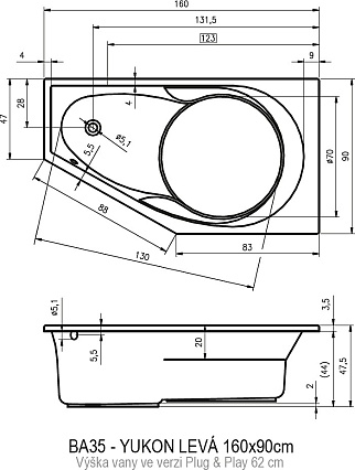 Акриловая ванна Riho Yukon Plug&Play 160x90 см L с монолитной панелью