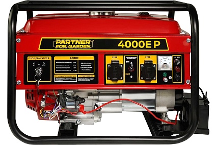 Электрический бензиновый генератор Partner For Garden 4000е P 4.875 ква макс. нагрузка, 220 В, 12 В, 3.5 кВт, 50 Гц, 7 л.с, электростартер, акб 6285
