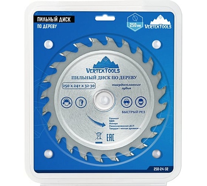 Диск пильный по дереву (250х32-30 мм; 24 зуба) Vertextools 250-24-32