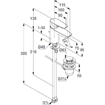 Смеситель для раковины Kludi Pure&Solid 343820575 с донным клапаном