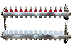 Коллектор для теплого пола Sanext 85212-1 нержавеющая сталь, с расходомерами, автоматический в/о и дренажный клапан, ДУ25, ВР1x12 конт. НР 3/4
