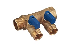Коллектор Tiemme Nino НВ, 3/4&quot;, с кранами, 2 выхода, 1/2&quot;, Н 36 мм, синий, флажок 1820029