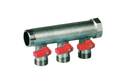 Коллектор с красными шаровыми кранами Henco 3/4"НР под евроконус, 3/4"-3xEK14,16,18,20 VB050503-ROOD