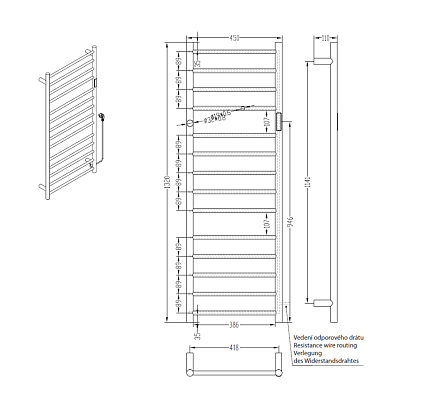Полотенцесушитель электрический Bemeta 704151054 180W 450x1320, белый матовый