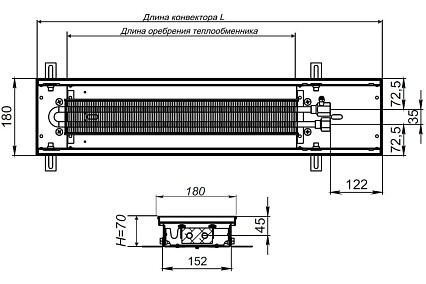Внутрипольный водяной конвектор KVZ с решеткой KVZ-180-70-2400-UA/RRA-180-2400-A