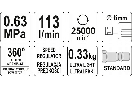 Прямая пневматическая шлифмашина Yato YT-09633