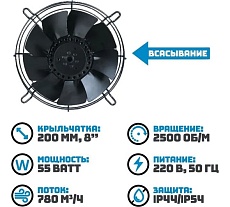 Осевой вентилятор АРКАИМ 200 мм, 220 Вольт. Поток: всасывание. YWF2E-200S-92/15-G