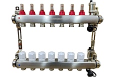 Коллектор для теплого пола Sanext 8527-1 нержавеющая сталь, с расходомерами, автоматический в/о и дренажный клапан, ДУ25, ВР1x7 конт. НР 3/4