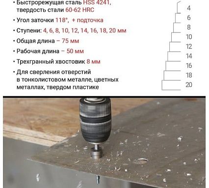 Ступенчатое сверло VIRA по металлу 4-20 мм 551420