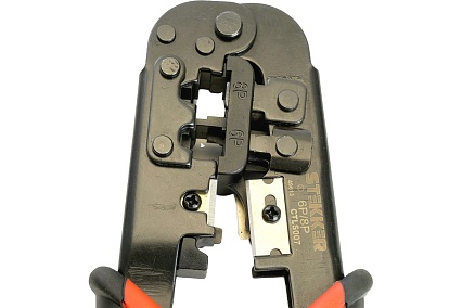 Кримпер STEKKER CTLS007 для обжима RJ разъемов RJ-45 (8P8C), RJ-12 (6P6C) и RJ-11 (6P4C и 6P2C), черный/красный, 49613