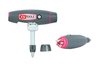 Отвертка для бит KS Tools с ручкой-трансформером, 1/4", в комплекте с 5 битами 911.2475