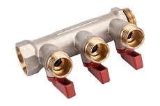 Коллектор с шаровыми кранами STOUT Smb 6210 341203 3/4&quot;, 3 отвода 1/2&quot;, красные ручки RG0091AACQM2BK