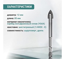 Сверло по стеклу и керамике VIRA HEX, 12 мм 554057