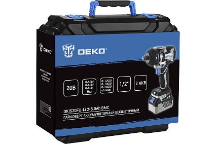 Аккумуляторный бесщеточный гайковерт Deko DKIS20FU-Li 20 В, 2х5.0 Ач, 850 Нм, в кейсе 063-4433