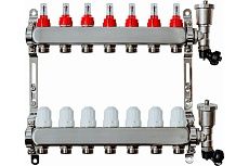 Коллекторная группа с расходомерами Grosseto 1&quot;x3/4&quot; 7 выходов, нержавеющая сталь, 10 бар, универсальный кронштейн 2042994
